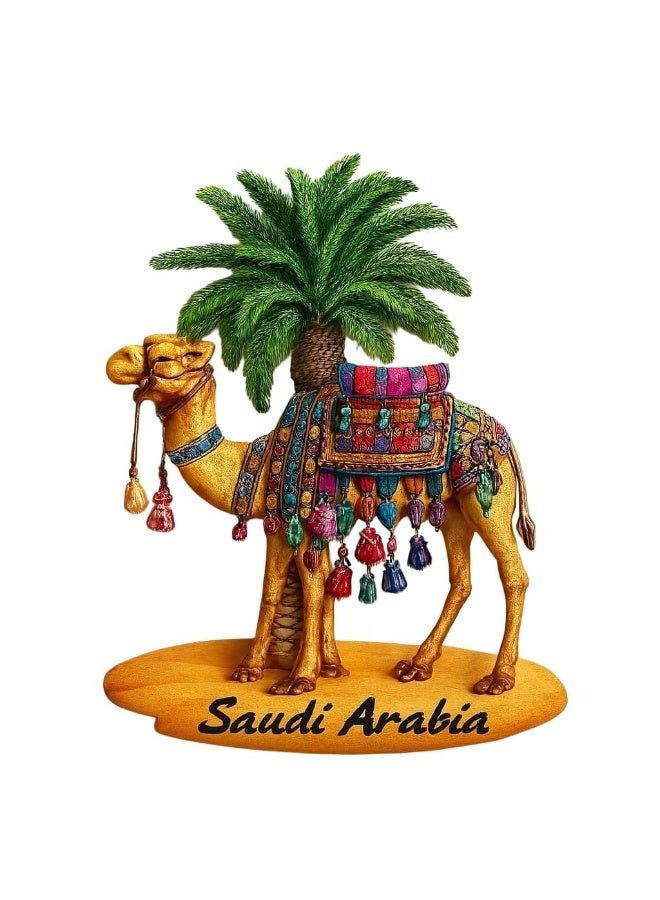 هدايا تذكارية عربية مغناطيس ثلاجة سيراميك سعودي – جمل مزخرف مع نخلة وقاعدة رملية، تذكار تراثي ملوّن يمثل جمال المملكة، مناسب للديكور والهدايا وتذكارات السفر (حِرفة سيراميكية) - Image 1